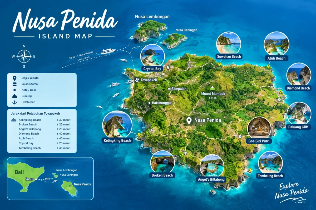 Nusa Penida Map : Peta Wisata, Pantai, Atraksi dan Rute